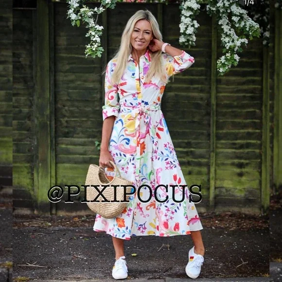 Zara | Dresses | Zara Belted Printed Shirt Dress Midi